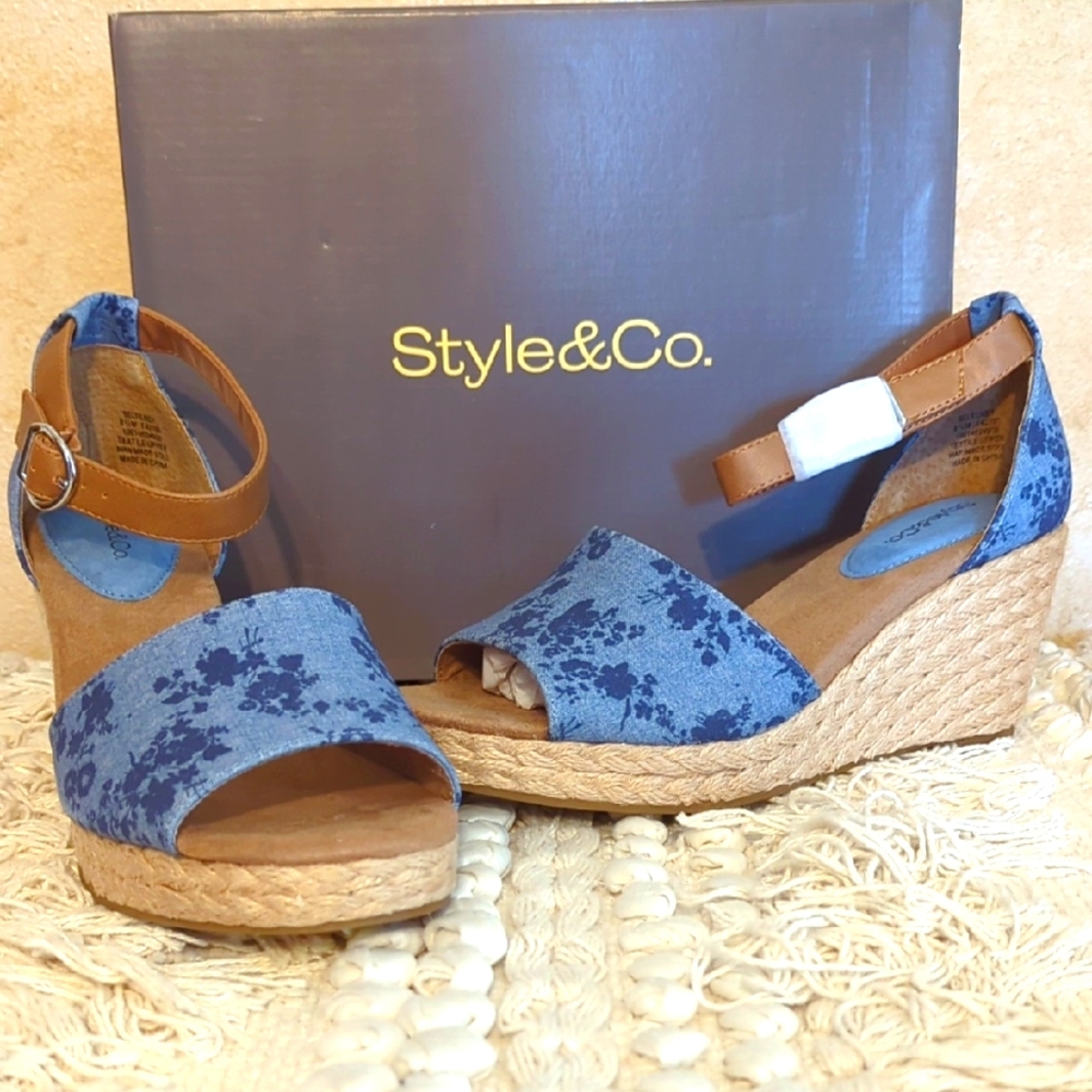 Style & Co. Blue Floral Espadrille Wedge Sandals